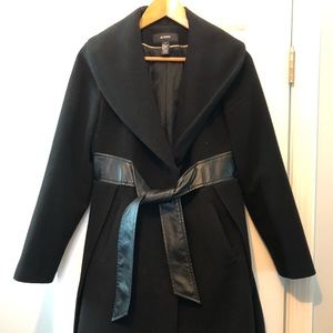 Black Pea Coat with Leather-like belt